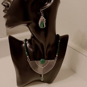 Vintage Malachite and Silver Necklace and Earrings Set